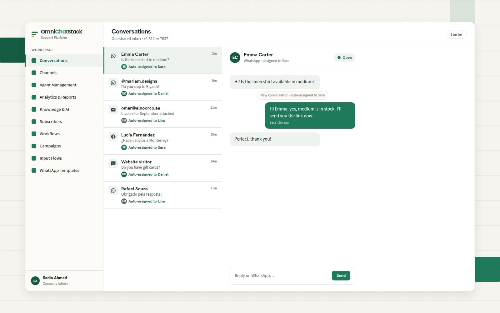Omni Chat Stack WhatsApp AI chatbot answering a customer and handing off to an agent