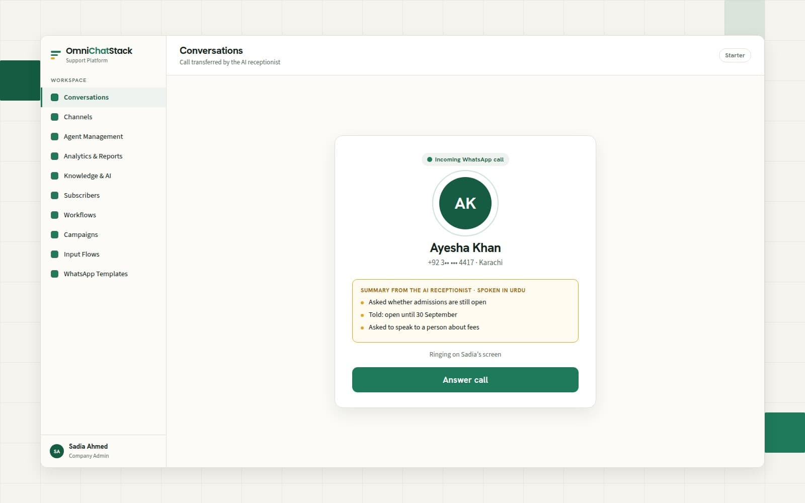 Omni Chat Stack shared team inbox with WhatsApp, Instagram, email and Facebook conversations assigned automatically to different agents