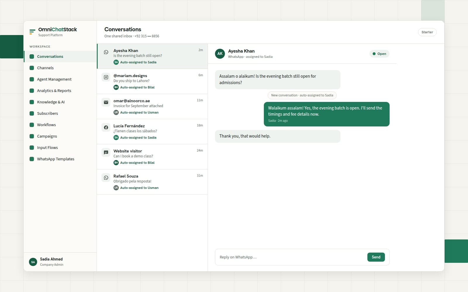 Omni Chat Stack WhatsApp AI chatbot answering a customer and handing off to an agent