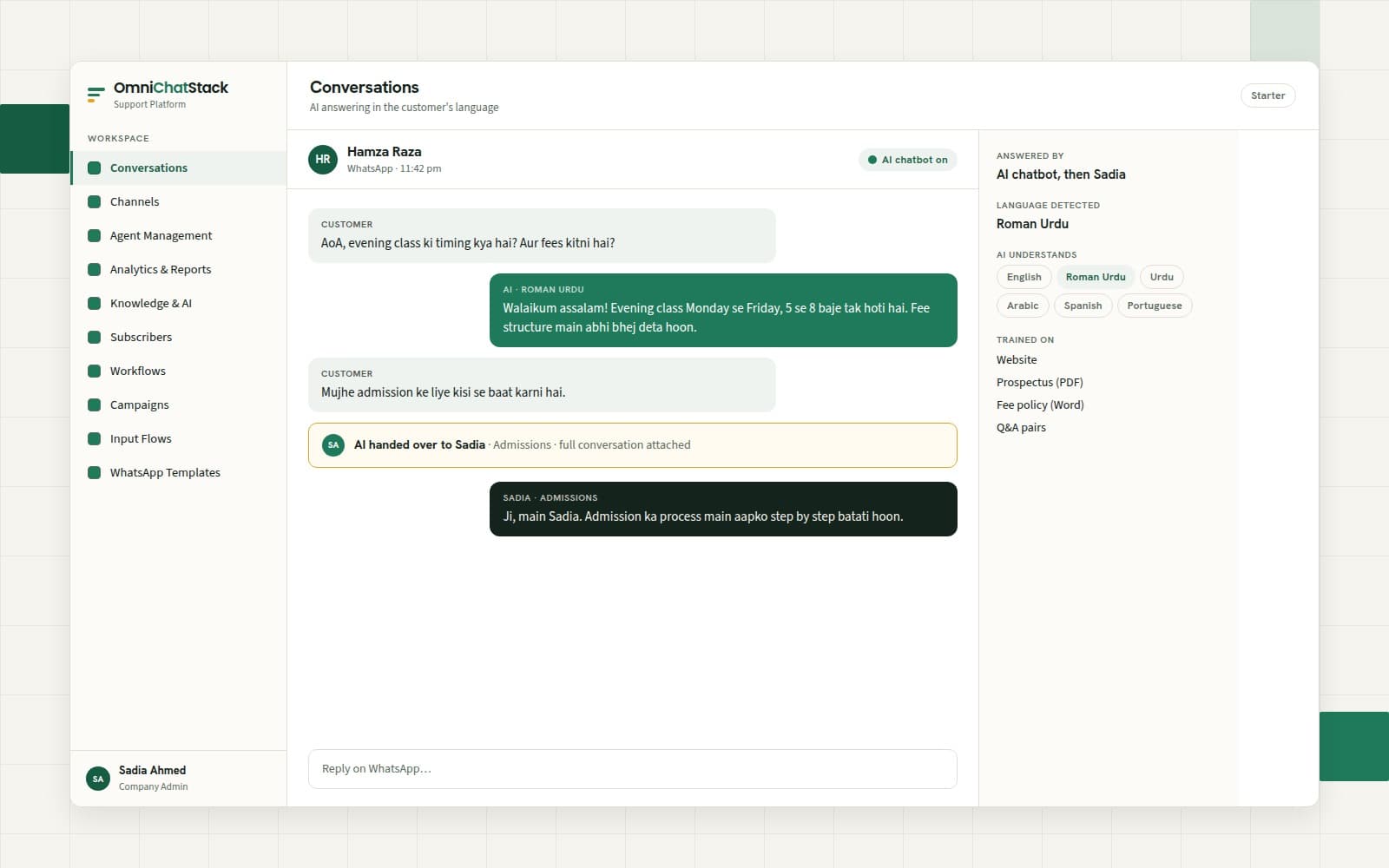 Omni Chat Stack AI receptionist transferring a WhatsApp call live, with a summary of the call for the agent